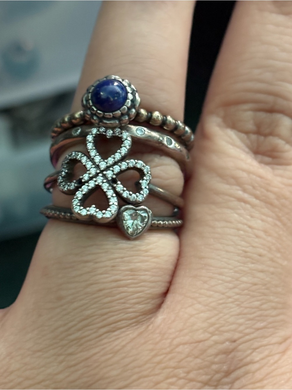 Pandora Silver Stackable Ring Set with Blue Stone and Clover CZ